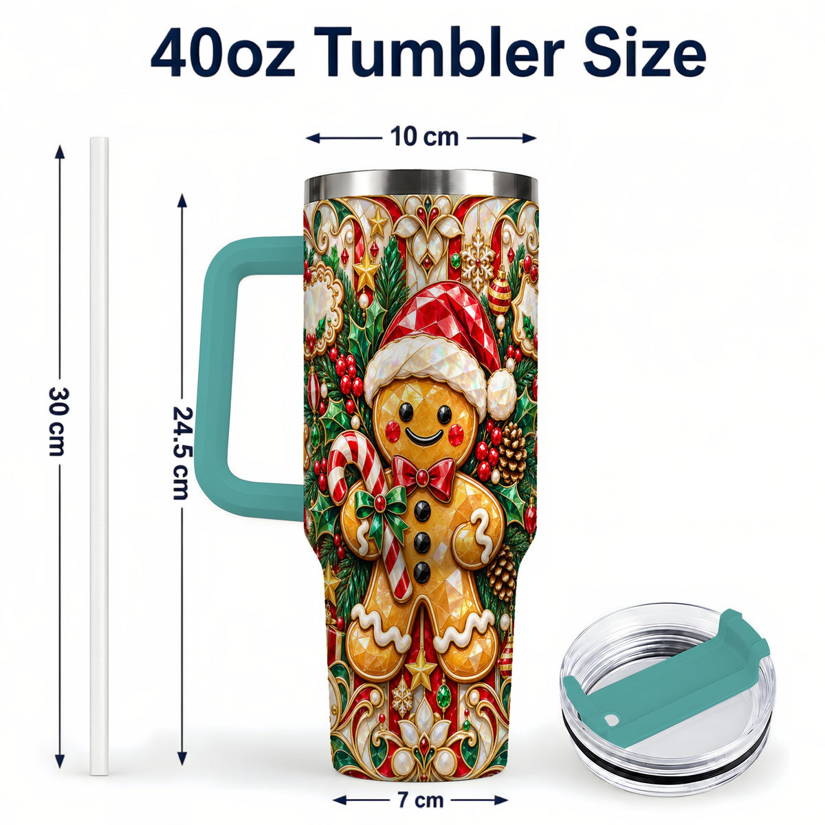 #pl[40oz|Green] Gem Gingerbread 40oz Tumbler, Christmas Tumbler, Stainless Steel Travel Cup