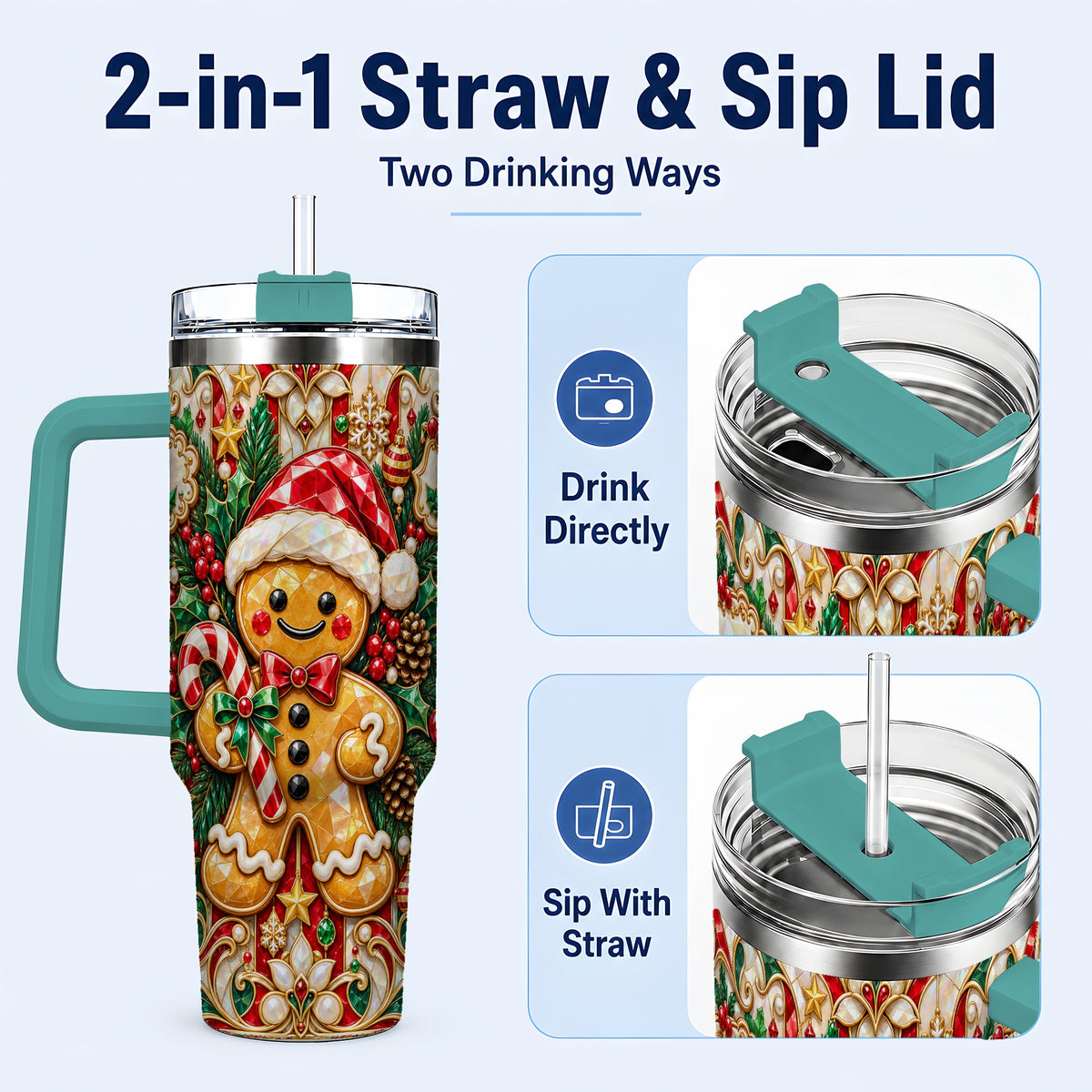 #pl[40oz|Green] Gem Gingerbread 40oz Tumbler, Christmas Tumbler, Stainless Steel Travel Cup