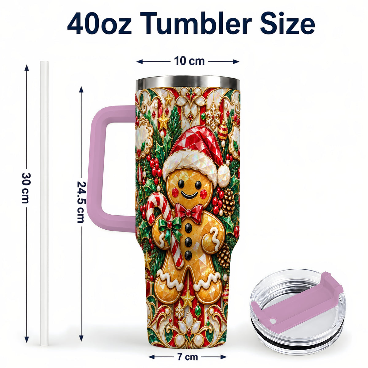 #pl[40oz|Pink] Gem Gingerbread 40oz Tumbler, Christmas Tumbler, Stainless Steel Travel Cup