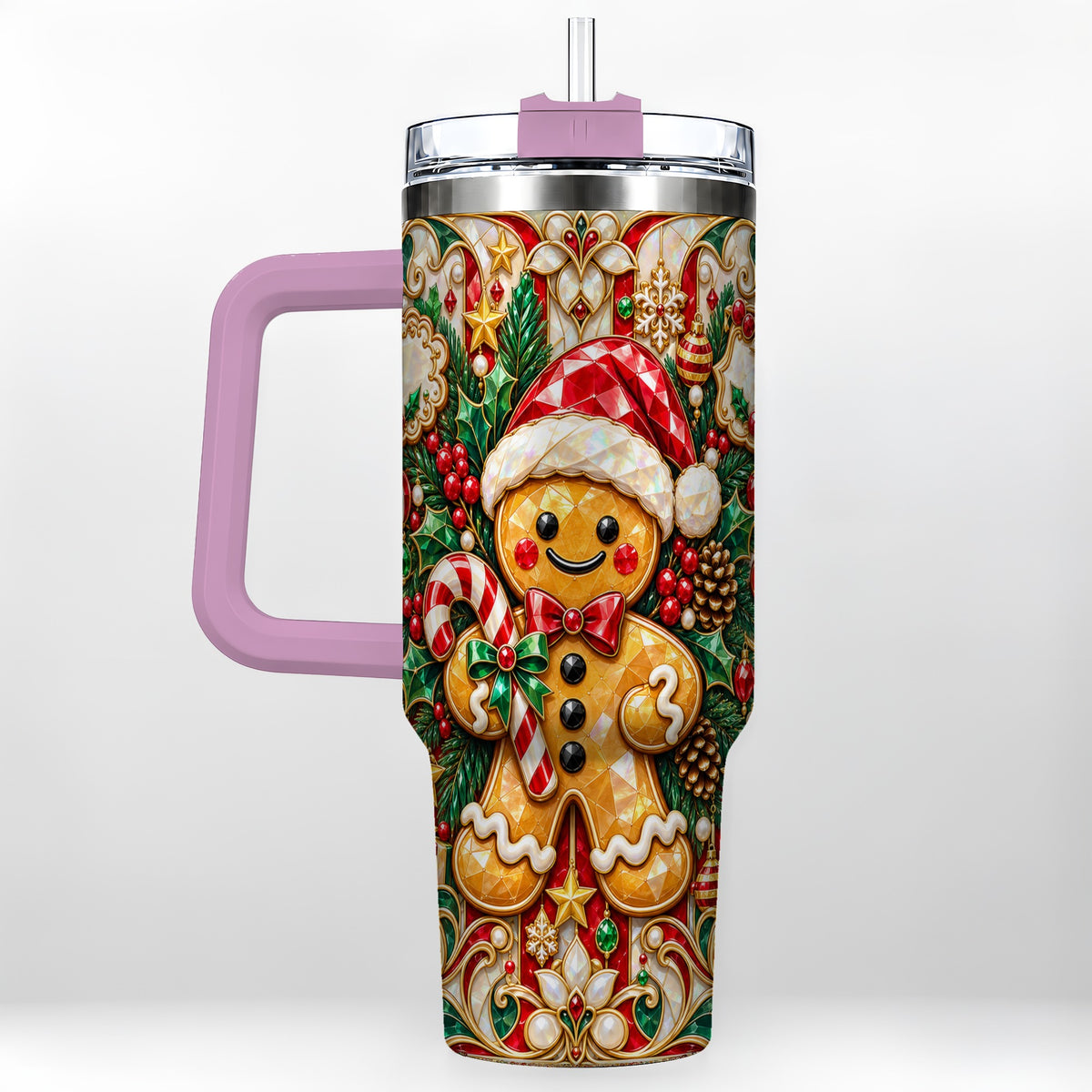 #pl[40oz|Pink] Gem Gingerbread 40oz Tumbler, Christmas Tumbler, Stainless Steel Travel Cup