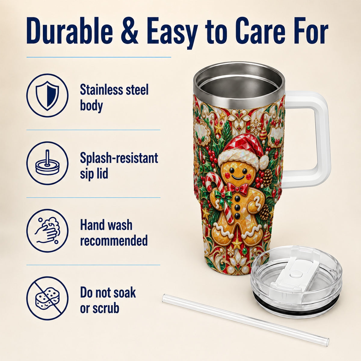 Gem Gingerbread 40oz Tumbler, Christmas Tumbler, Stainless Steel Travel Cup