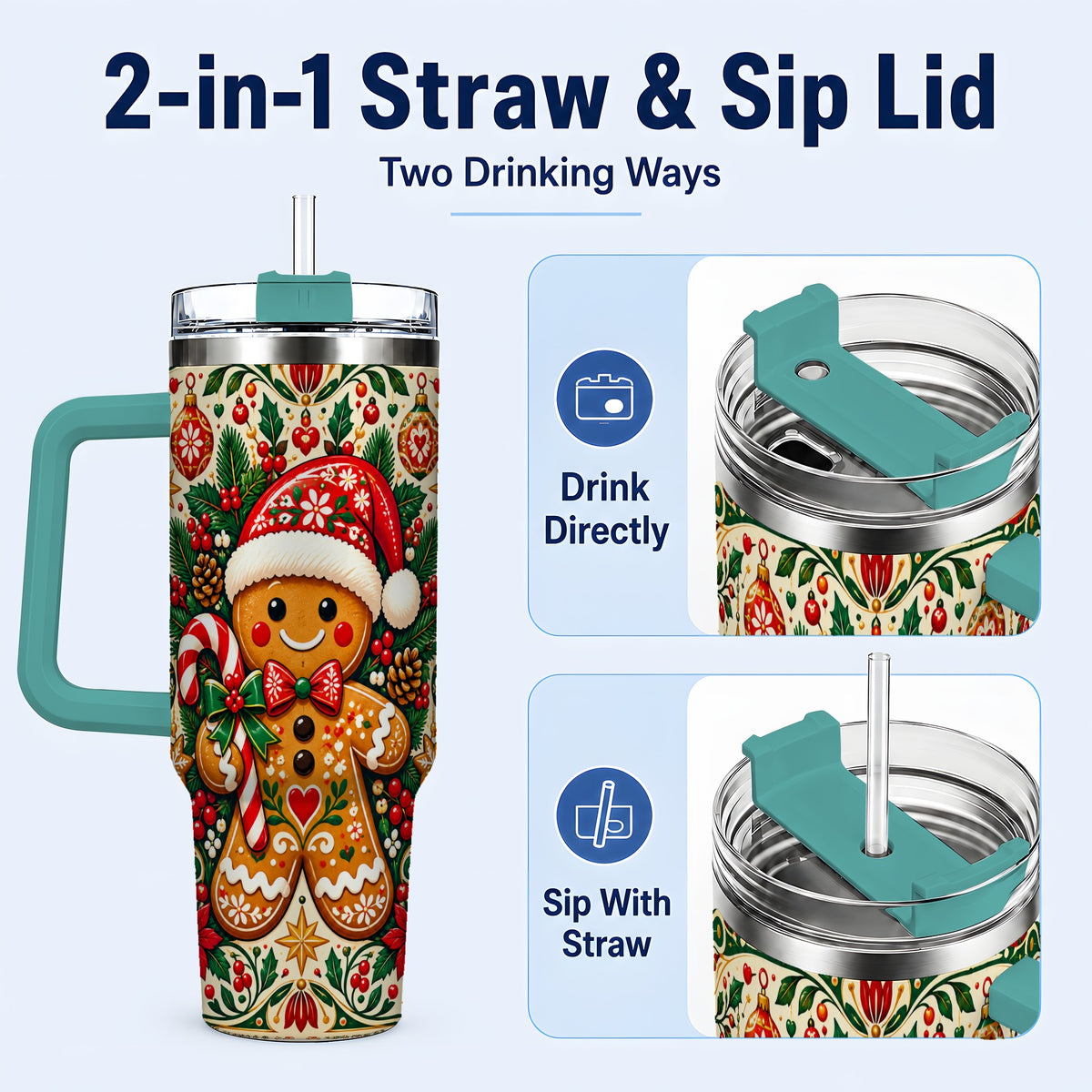#pl[40oz|Green] Folk Gingerbread 40oz Tumbler, Christmas Tumbler, Steel Travel Cup
