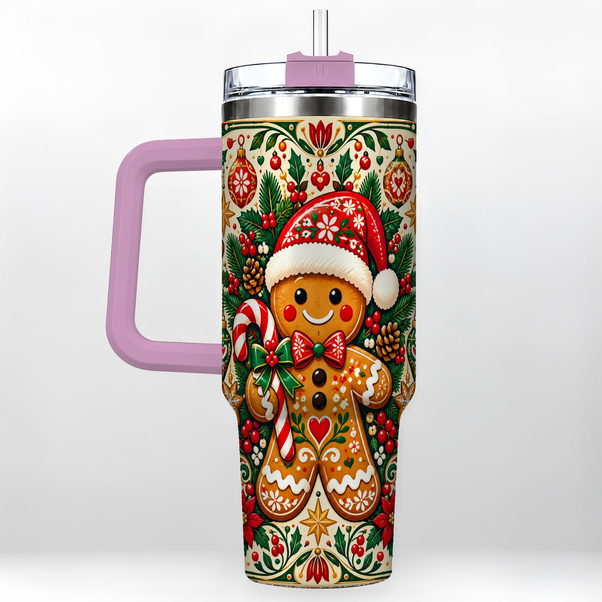 #pl[40oz|Pink] Folk Gingerbread 40oz Tumbler, Christmas Tumbler, Steel Travel Cup