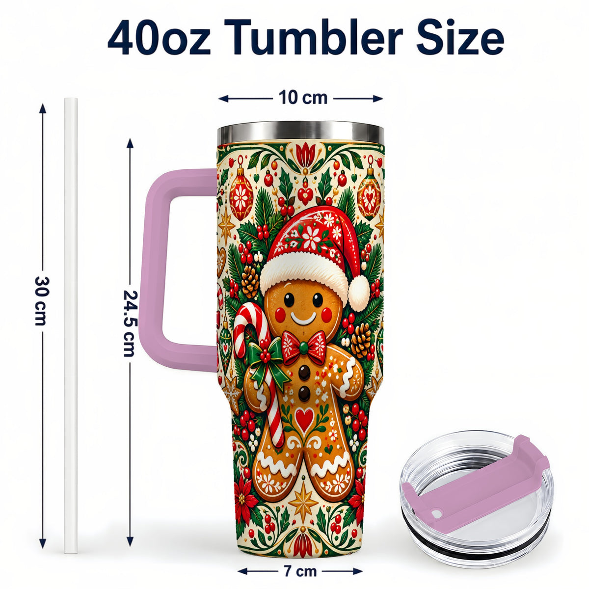 #pl[40oz|Pink] Folk Gingerbread 40oz Tumbler, Christmas Tumbler, Steel Travel Cup