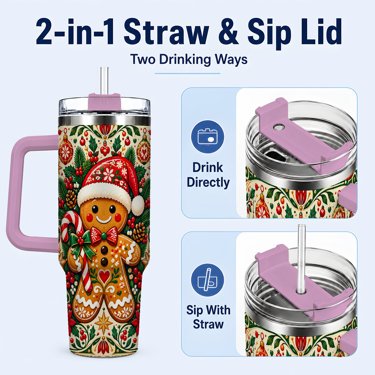 #pl[40oz|Pink] Folk Gingerbread 40oz Tumbler, Christmas Tumbler, Steel Travel Cup