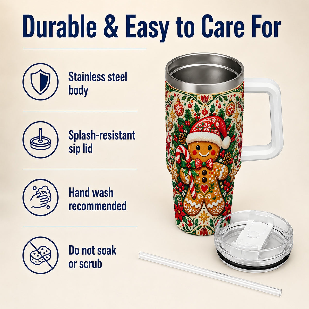 Folk Gingerbread 40oz Tumbler, Christmas Tumbler, Steel Travel Cup