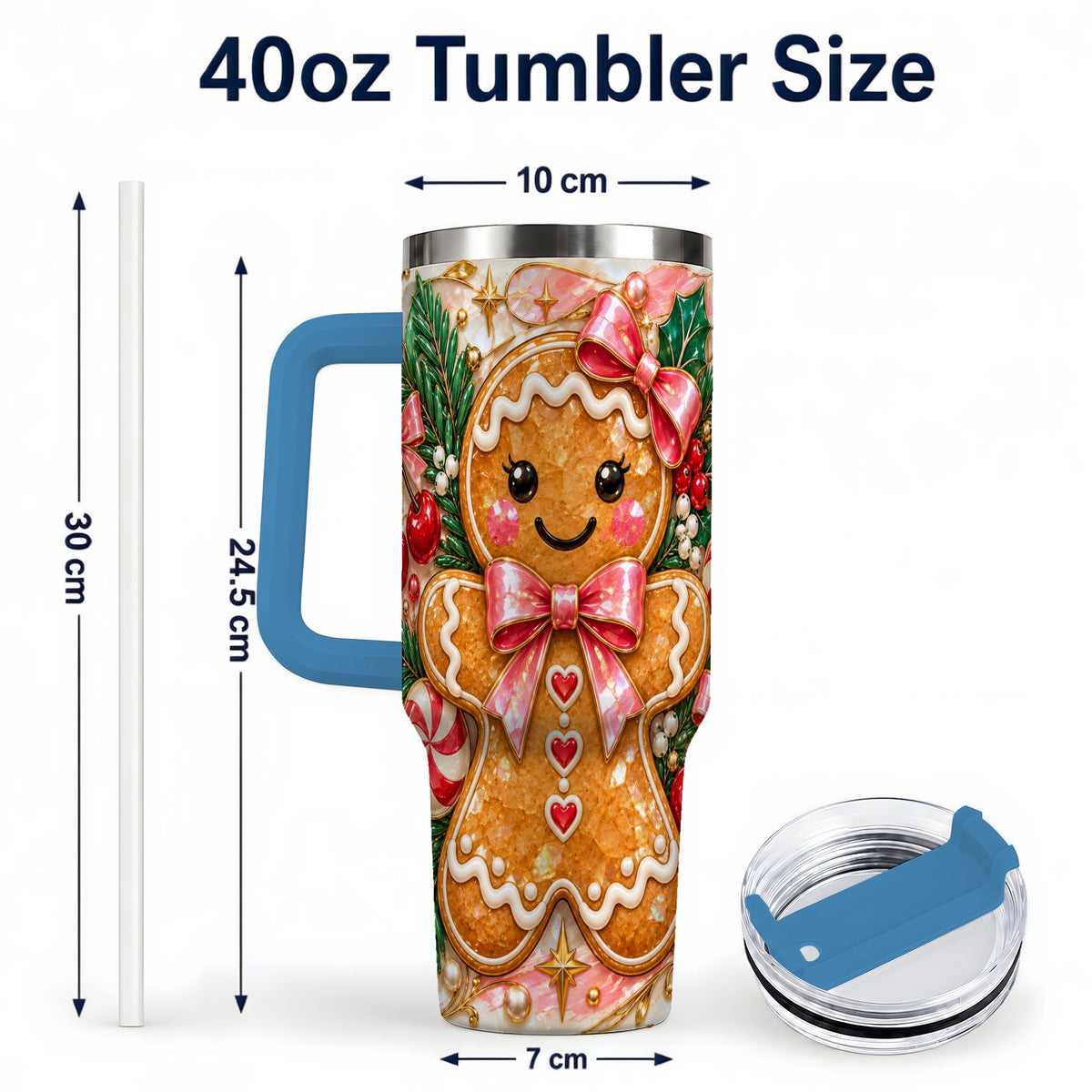 #pl[40oz|Blue] Gingerbread 40oz Tumbler, Christmas Tumbler, Stainless Steel Travel Cup