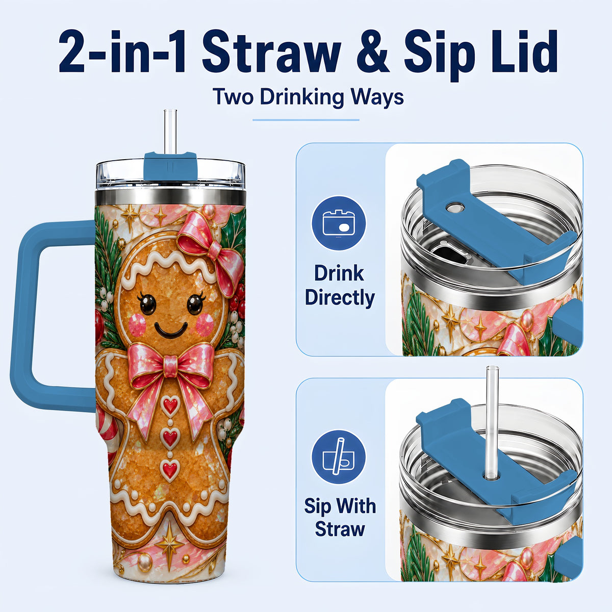 #pl[40oz|Blue] Gingerbread 40oz Tumbler, Christmas Tumbler, Stainless Steel Travel Cup