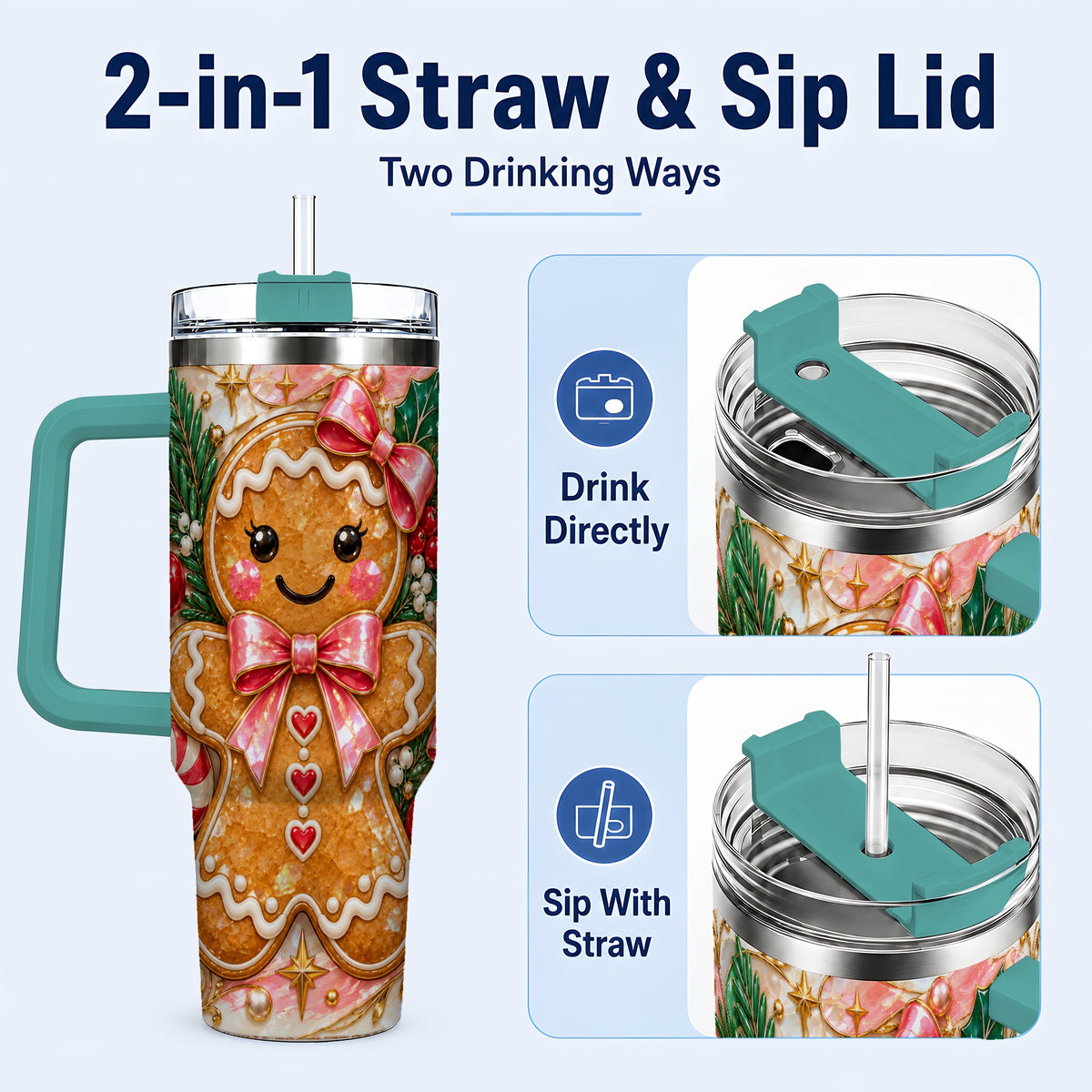 #pl[40oz|Green] Gingerbread 40oz Tumbler, Christmas Tumbler, Stainless Steel Travel Cup