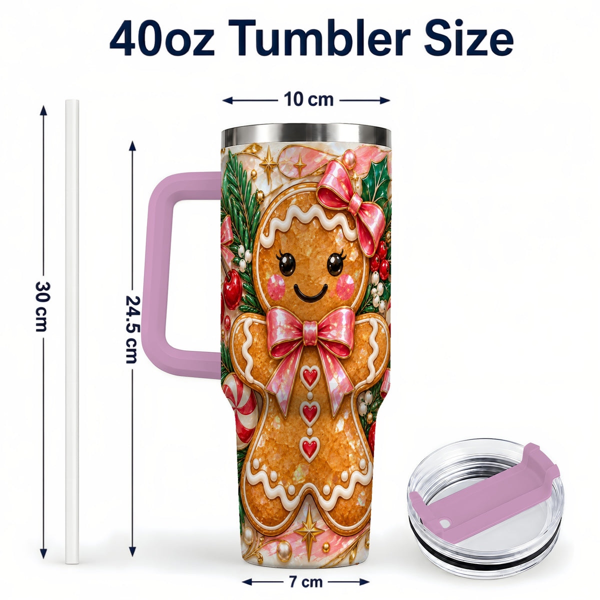 #pl[40oz|Pink] Gingerbread 40oz Tumbler, Christmas Tumbler, Stainless Steel Travel Cup
