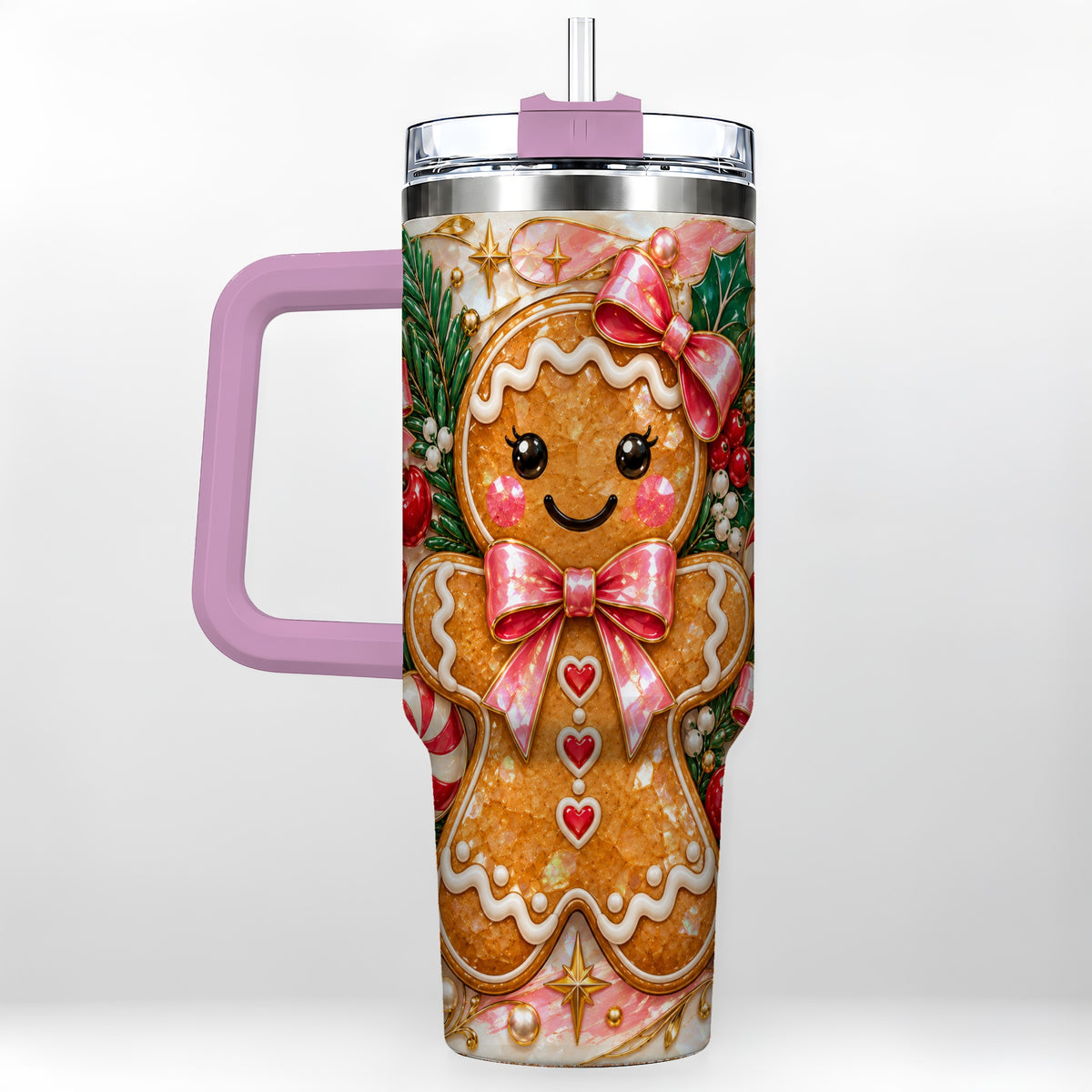 #pl[40oz|Pink] Gingerbread 40oz Tumbler, Christmas Tumbler, Stainless Steel Travel Cup