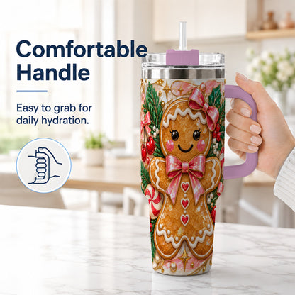 #pl[40oz|Pink] Gingerbread 40oz Tumbler, Christmas Tumbler, Stainless Steel Travel Cup