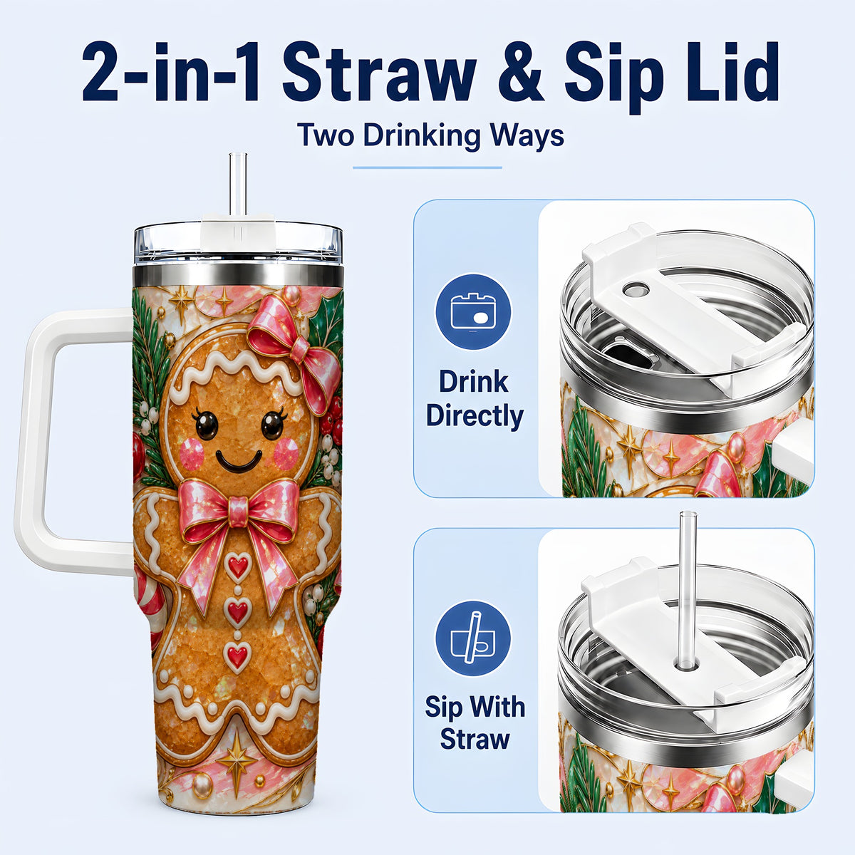 #pl[40oz|White] Gingerbread 40oz Tumbler, Christmas Tumbler, Stainless Steel Travel Cup