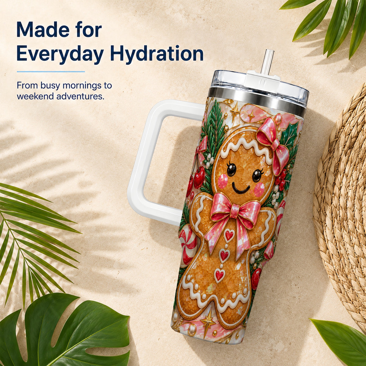 Gingerbread 40oz Tumbler, Christmas Tumbler, Stainless Steel Travel Cup