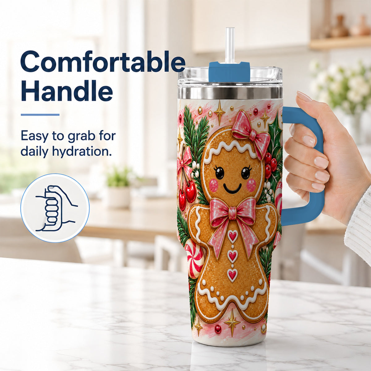 #pl[40oz|Blue] Gingerbread 40oz Tumbler, Festive Tumbler, Stainless Steel Travel Cup