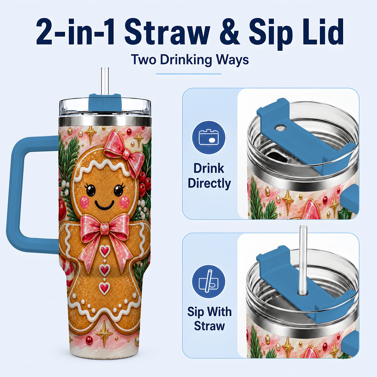#pl[40oz|Blue] Gingerbread 40oz Tumbler, Festive Tumbler, Stainless Steel Travel Cup