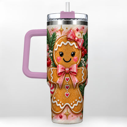 #pl[40oz|Pink] Gingerbread 40oz Tumbler, Festive Tumbler, Stainless Steel Travel Cup