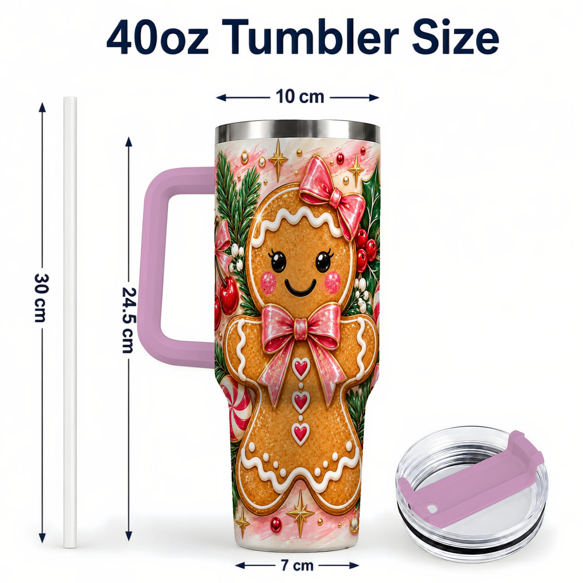 #pl[40oz|Pink] Gingerbread 40oz Tumbler, Festive Tumbler, Stainless Steel Travel Cup