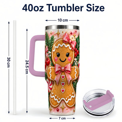 #pl[40oz|Pink] Gingerbread 40oz Tumbler, Festive Tumbler, Stainless Steel Travel Cup