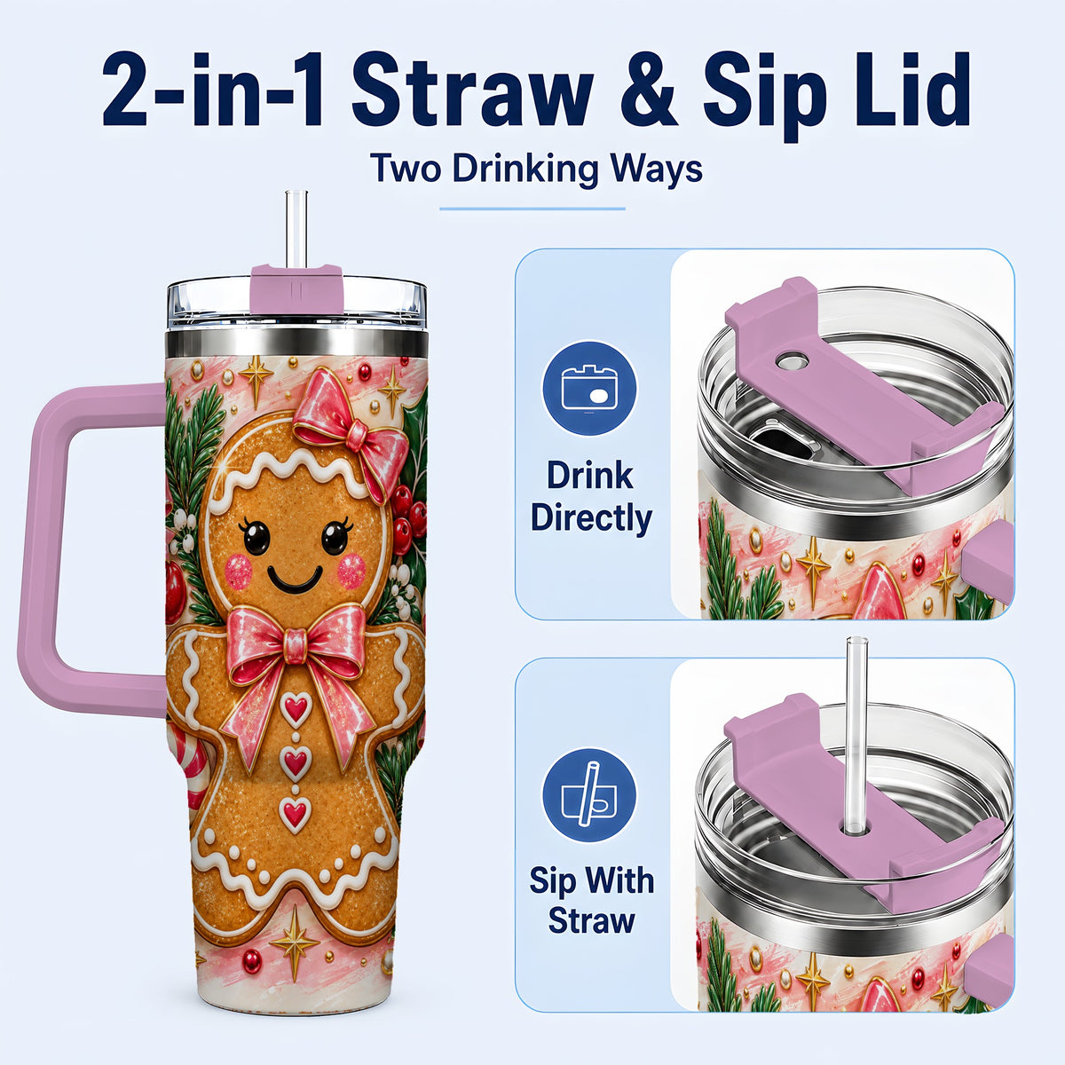 #pl[40oz|Pink] Gingerbread 40oz Tumbler, Festive Tumbler, Stainless Steel Travel Cup
