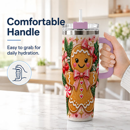 #pl[40oz|Pink] Gingerbread 40oz Tumbler, Festive Tumbler, Stainless Steel Travel Cup