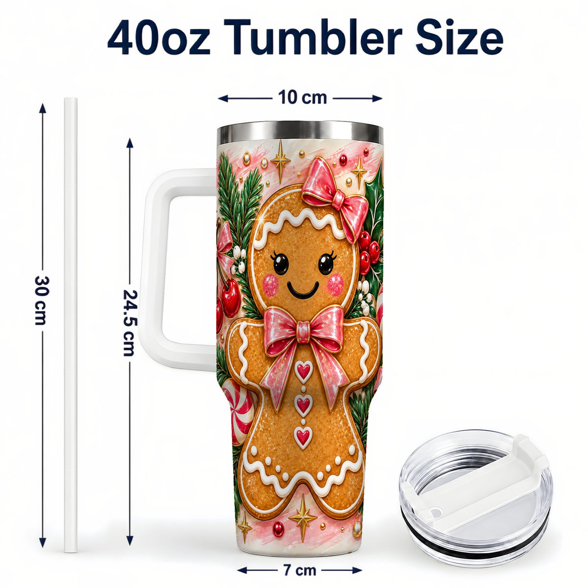 #pl[40oz|White] Gingerbread 40oz Tumbler, Festive Tumbler, Stainless Steel Travel Cup