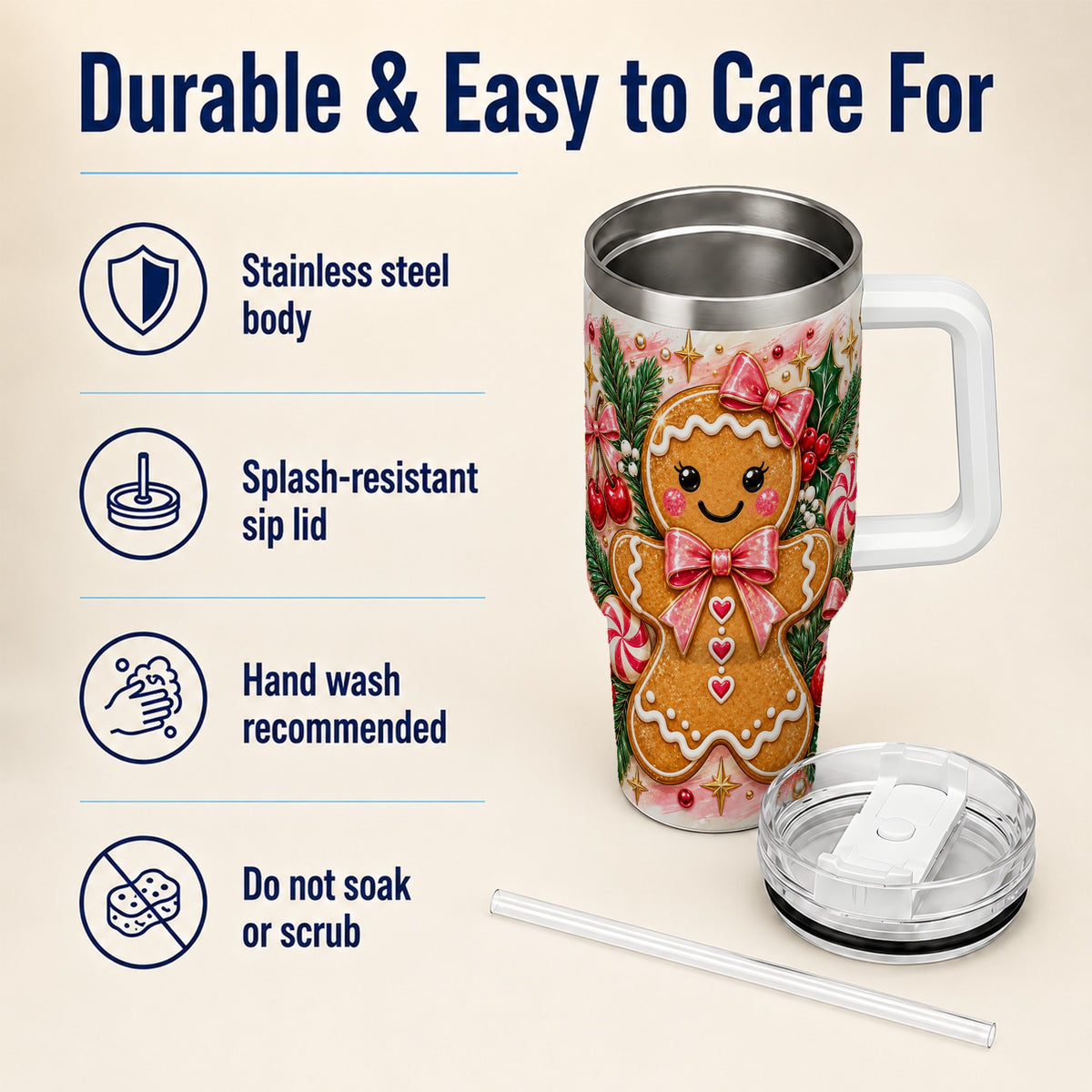 Gingerbread 40oz Tumbler, Festive Tumbler, Stainless Steel Travel Cup