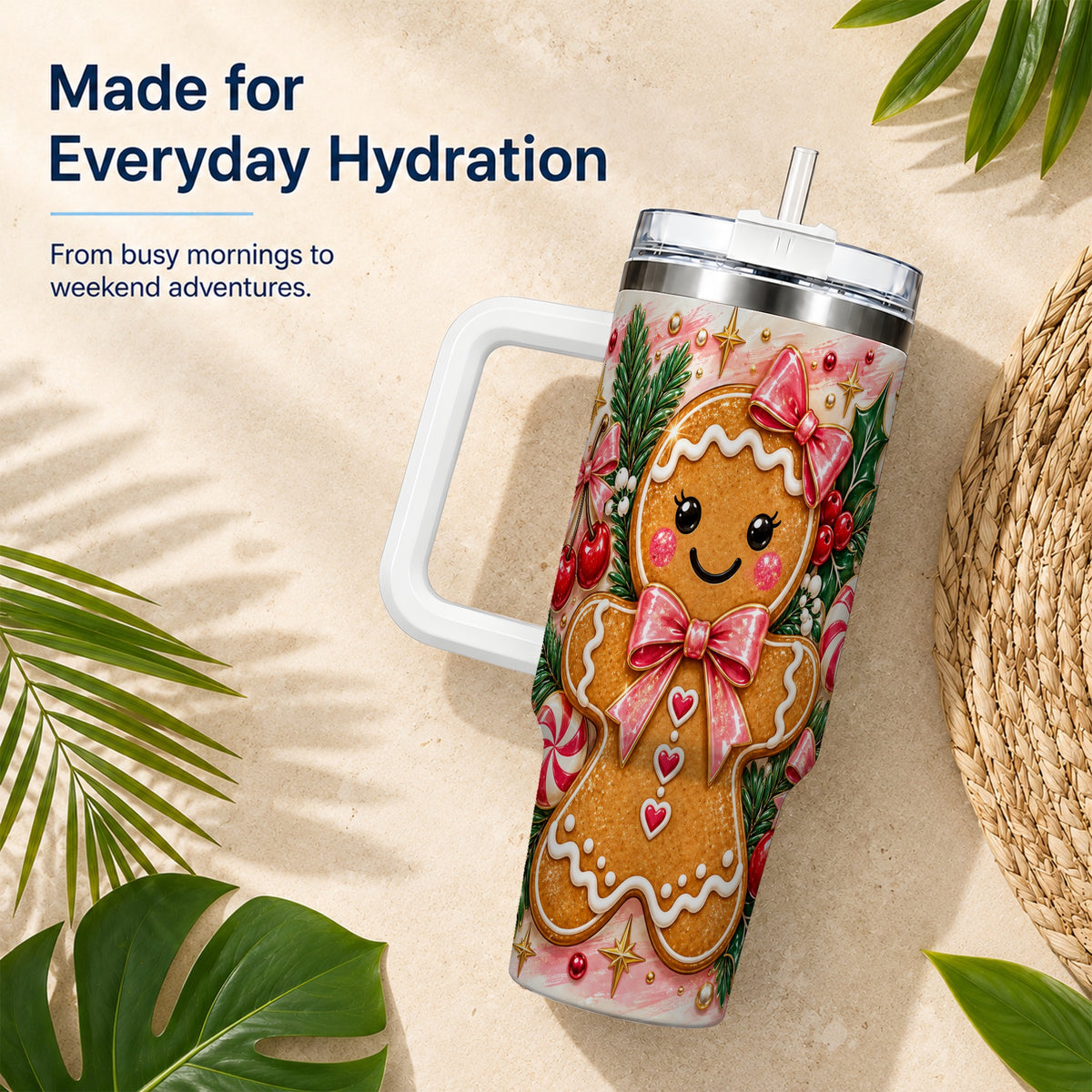 Gingerbread 40oz Tumbler, Festive Tumbler, Stainless Steel Travel Cup