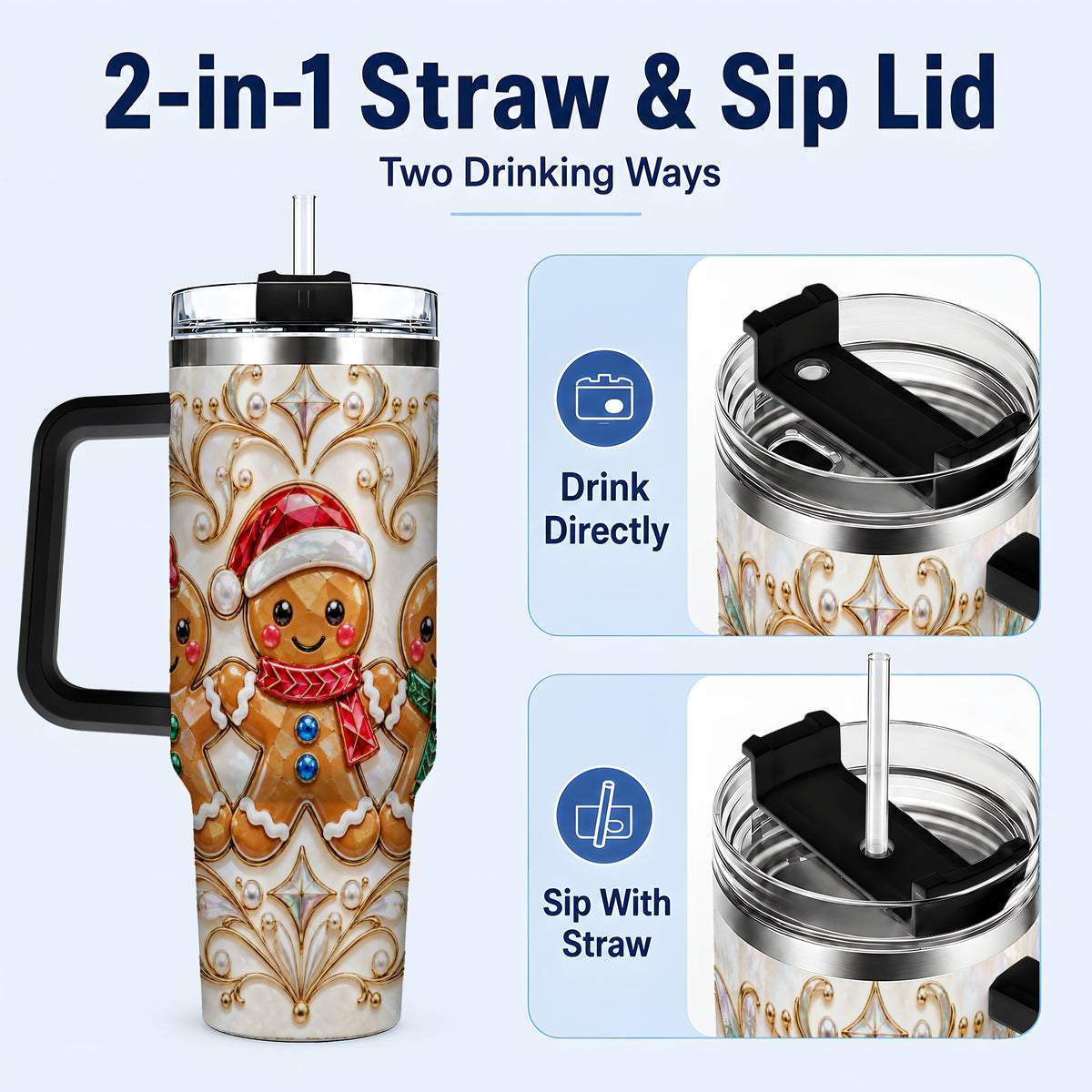 #pl[40oz|Black] Gingerbread Trio 40oz Tumbler, Holiday Tumbler, Stainless Steel Travel Cup