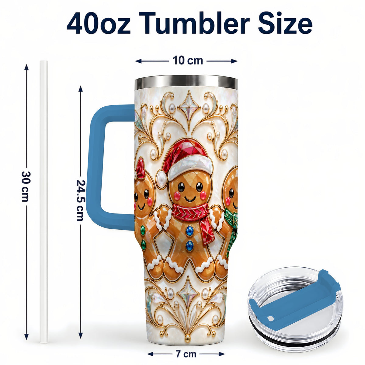 #pl[40oz|Blue] Gingerbread Trio 40oz Tumbler, Holiday Tumbler, Stainless Steel Travel Cup