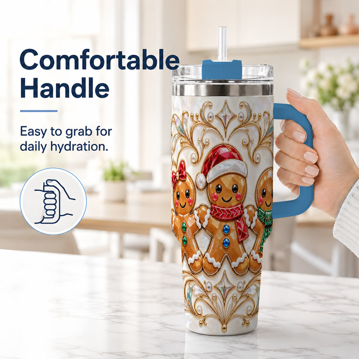 #pl[40oz|Blue] Gingerbread Trio 40oz Tumbler, Holiday Tumbler, Stainless Steel Travel Cup
