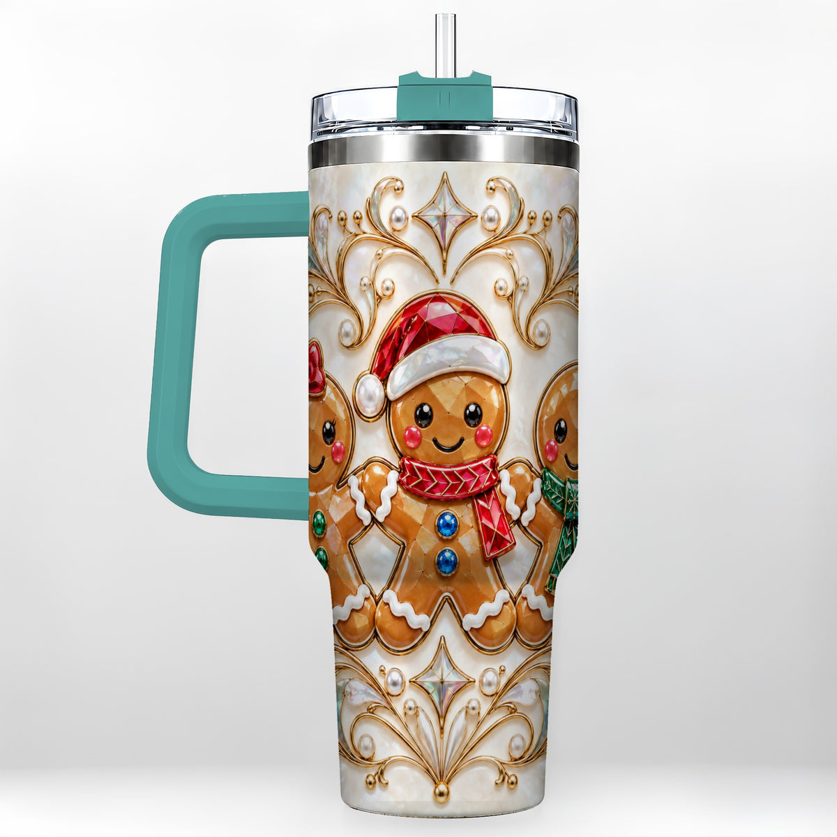 #pl[40oz|Green] Gingerbread Trio 40oz Tumbler, Holiday Tumbler, Stainless Steel Travel Cup