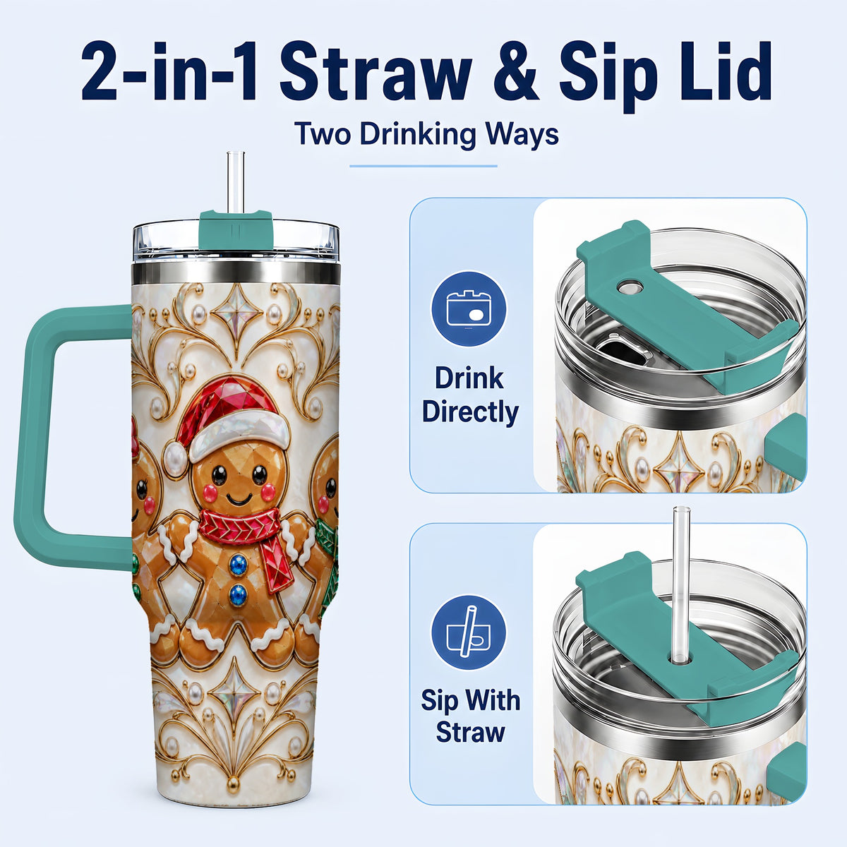 #pl[40oz|Green] Gingerbread Trio 40oz Tumbler, Holiday Tumbler, Stainless Steel Travel Cup