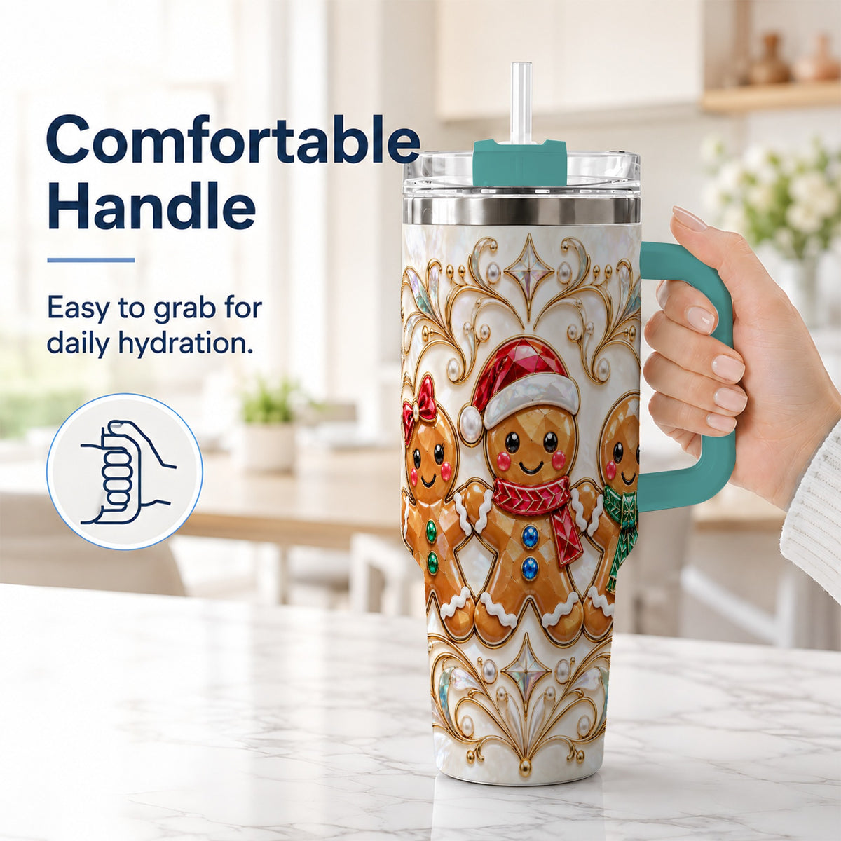 #pl[40oz|Green] Gingerbread Trio 40oz Tumbler, Holiday Tumbler, Stainless Steel Travel Cup