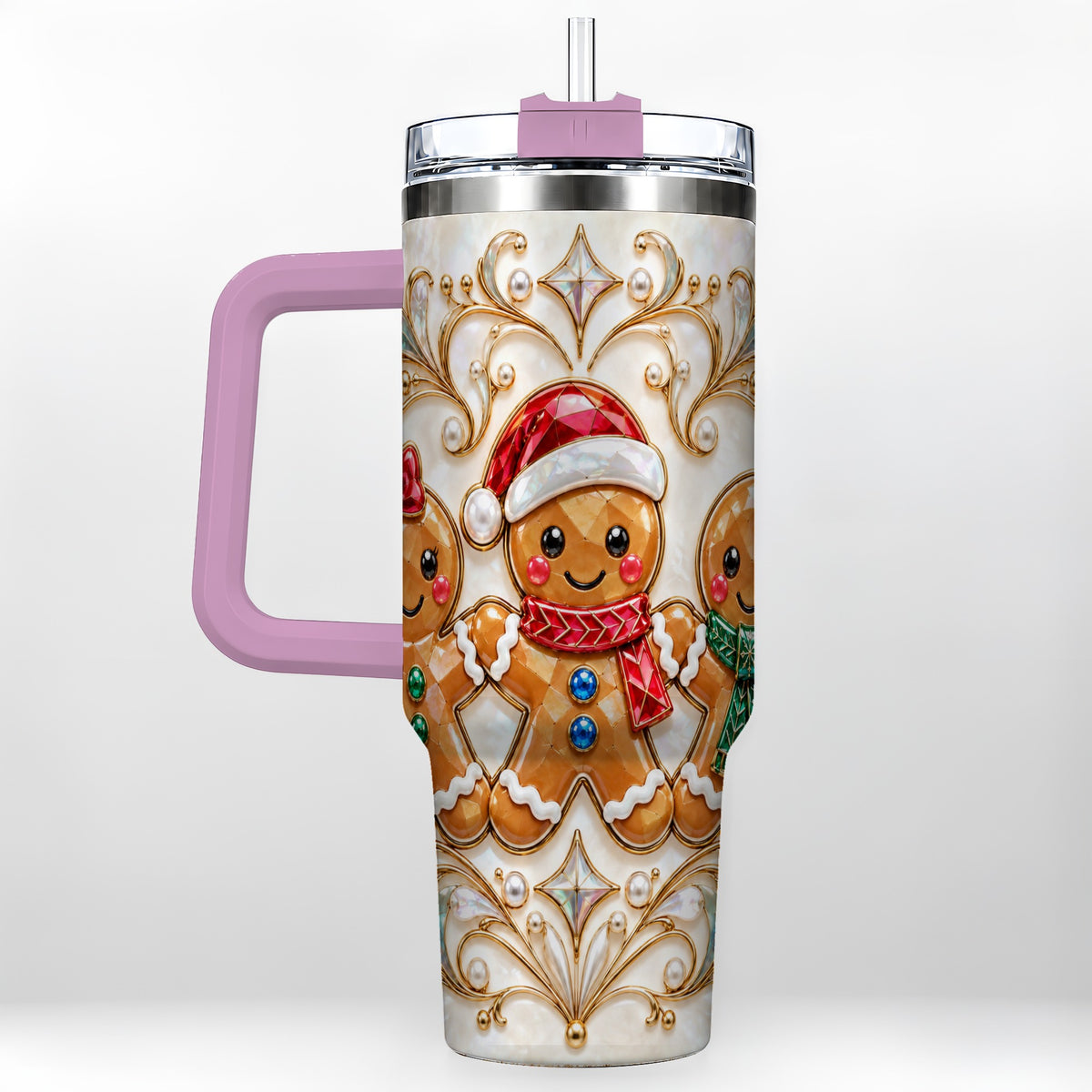 #pl[40oz|Pink] Gingerbread Trio 40oz Tumbler, Holiday Tumbler, Stainless Steel Travel Cup