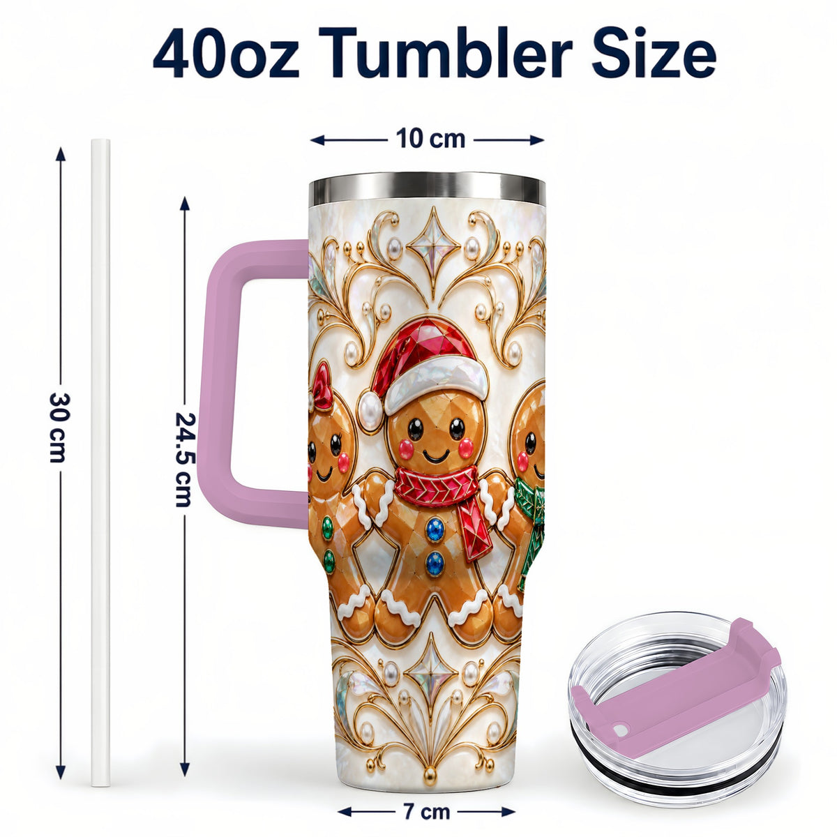 #pl[40oz|Pink] Gingerbread Trio 40oz Tumbler, Holiday Tumbler, Stainless Steel Travel Cup