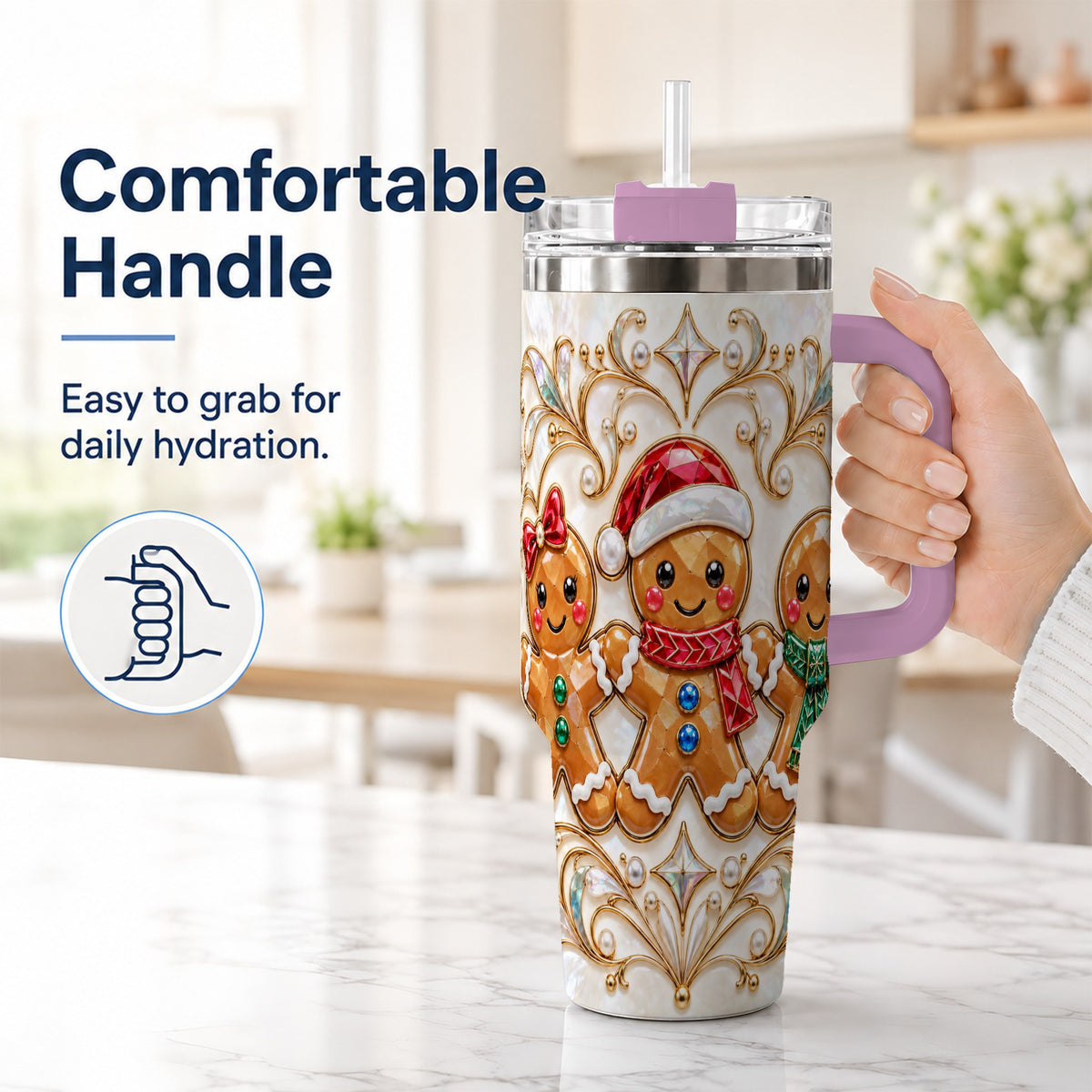 #pl[40oz|Pink] Gingerbread Trio 40oz Tumbler, Holiday Tumbler, Stainless Steel Travel Cup