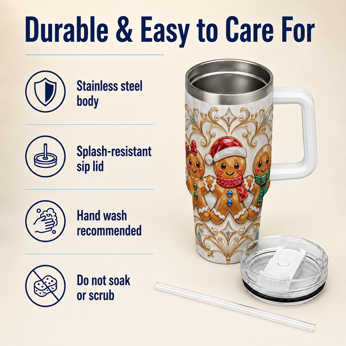 Gingerbread Trio 40oz Tumbler, Holiday Tumbler, Stainless Steel Travel Cup
