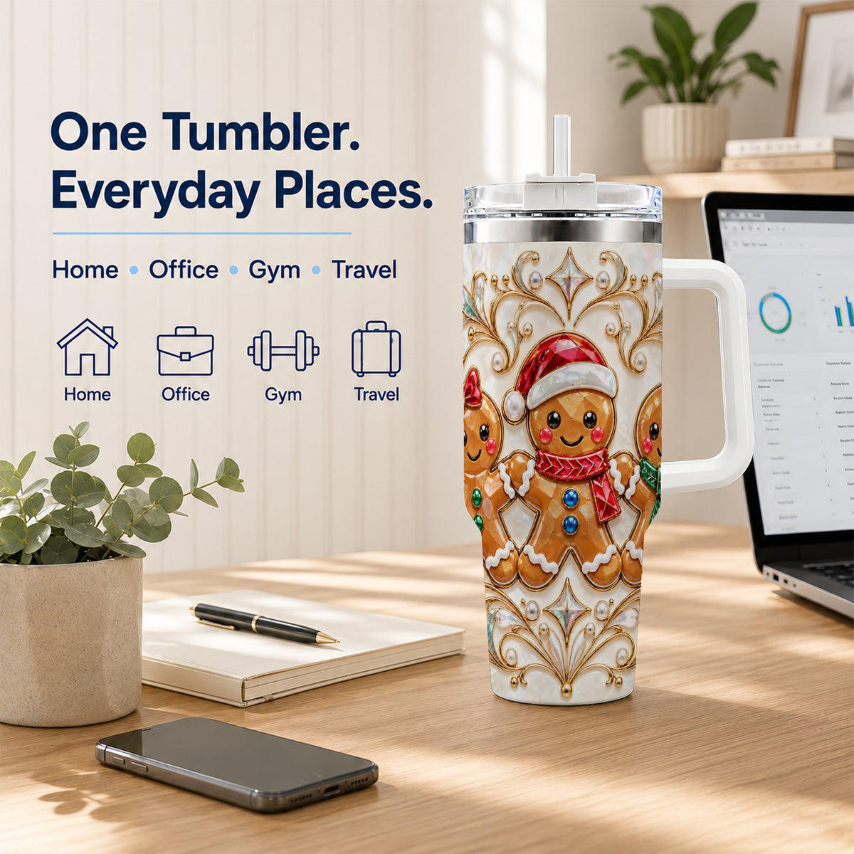 Gingerbread Trio 40oz Tumbler, Holiday Tumbler, Stainless Steel Travel Cup