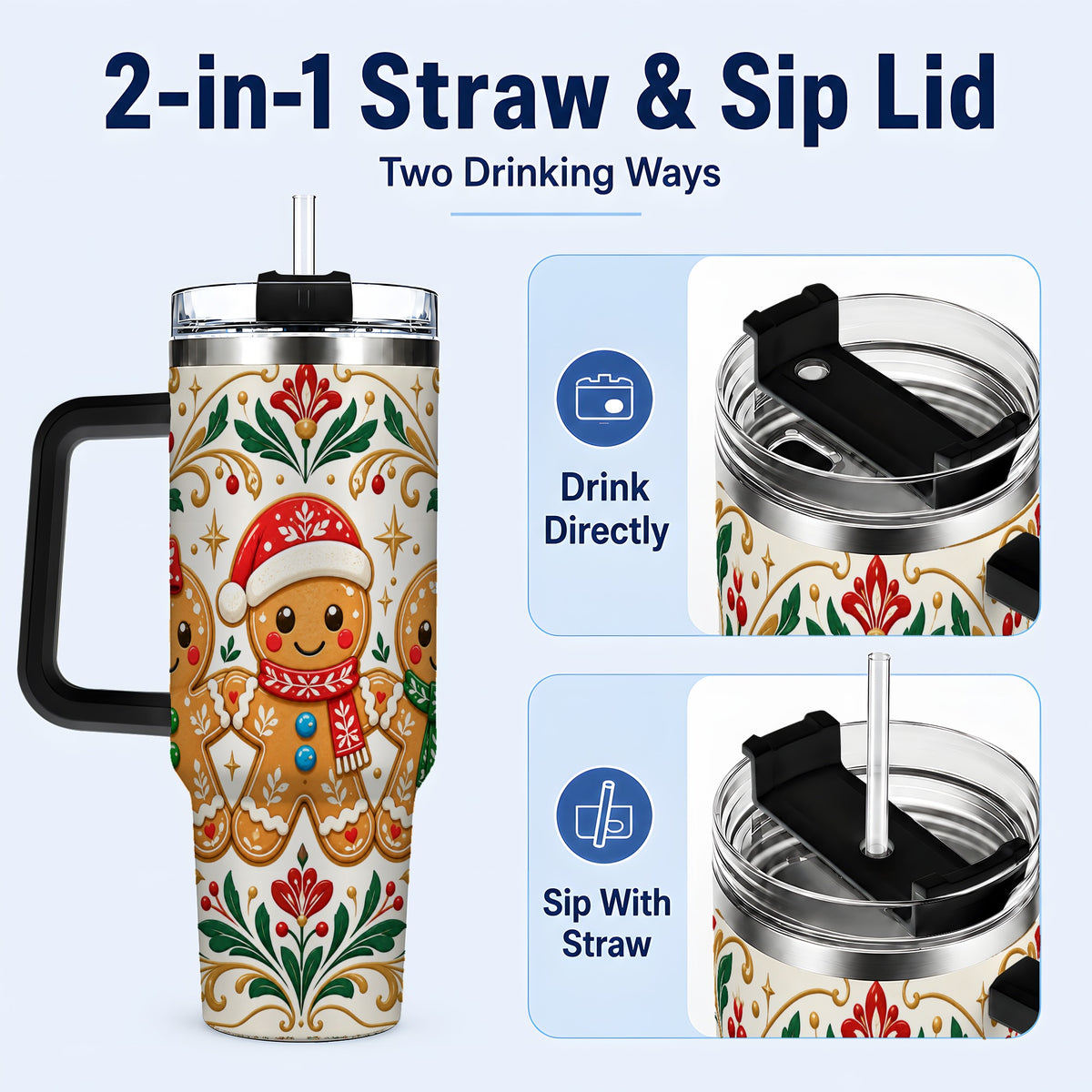 #pl[40oz|Black] Folk Gingerbread 40oz Tumbler, Holiday Tumbler, Stainless Steel Travel Cup
