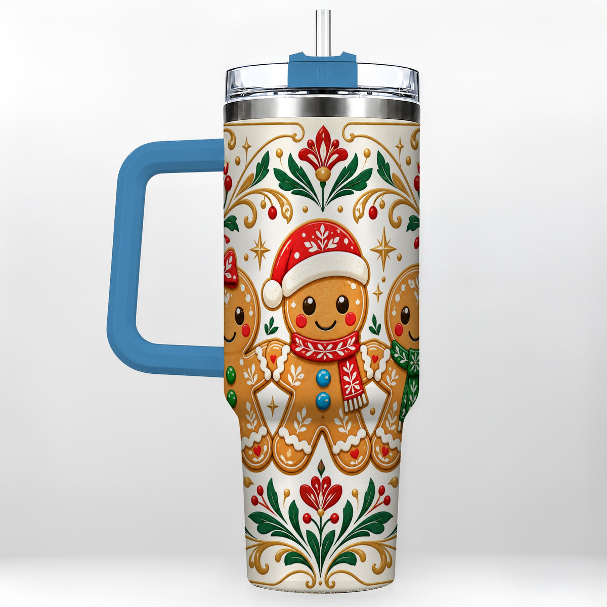 #pl[40oz|Blue] Folk Gingerbread 40oz Tumbler, Holiday Tumbler, Stainless Steel Travel Cup