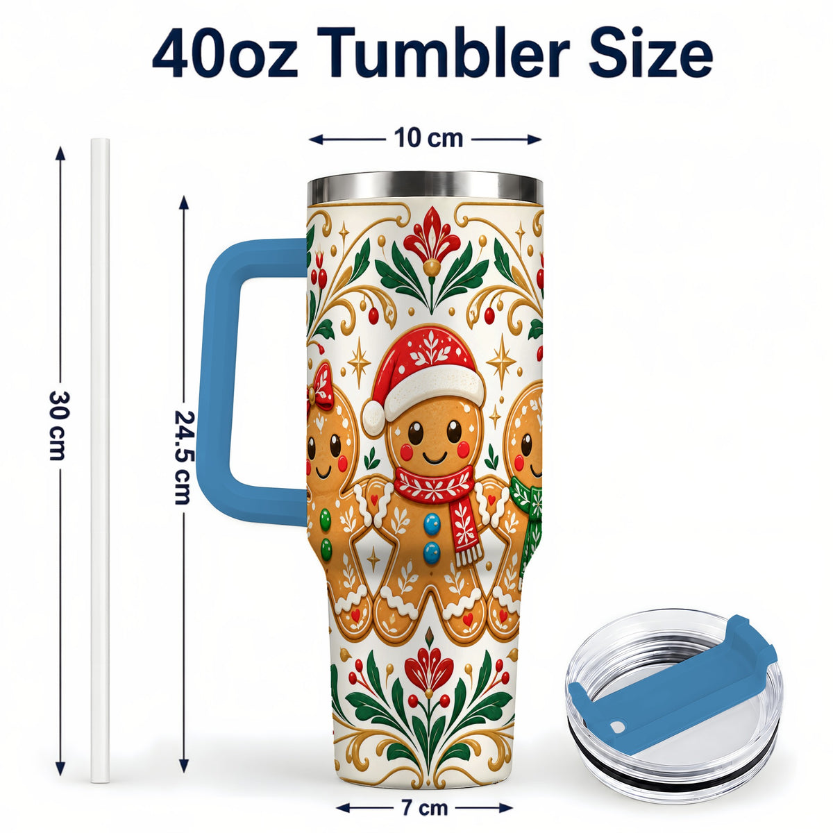 #pl[40oz|Blue] Folk Gingerbread 40oz Tumbler, Holiday Tumbler, Stainless Steel Travel Cup
