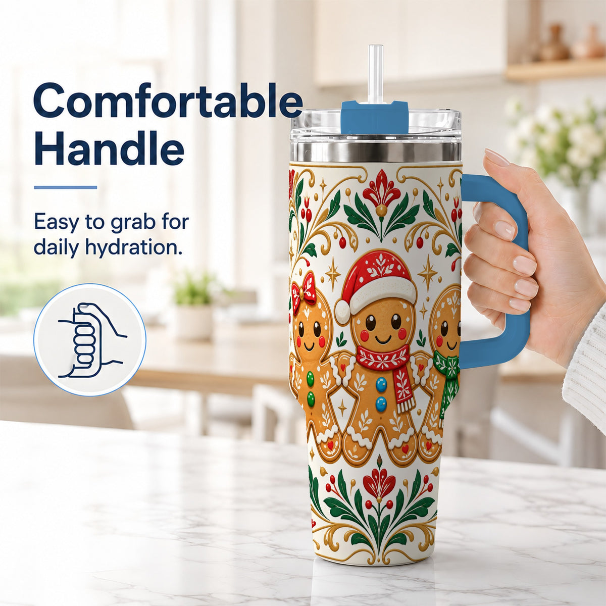 #pl[40oz|Blue] Folk Gingerbread 40oz Tumbler, Holiday Tumbler, Stainless Steel Travel Cup