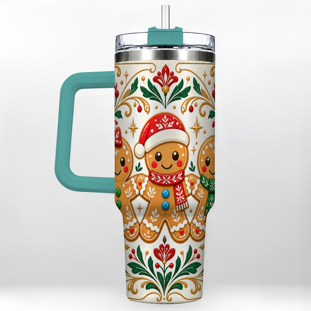 #pl[40oz|Green] Folk Gingerbread 40oz Tumbler, Holiday Tumbler, Stainless Steel Travel Cup