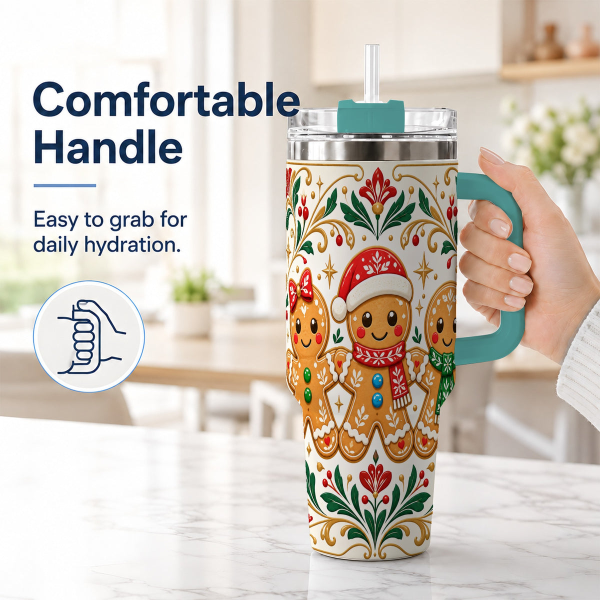 #pl[40oz|Green] Folk Gingerbread 40oz Tumbler, Holiday Tumbler, Stainless Steel Travel Cup