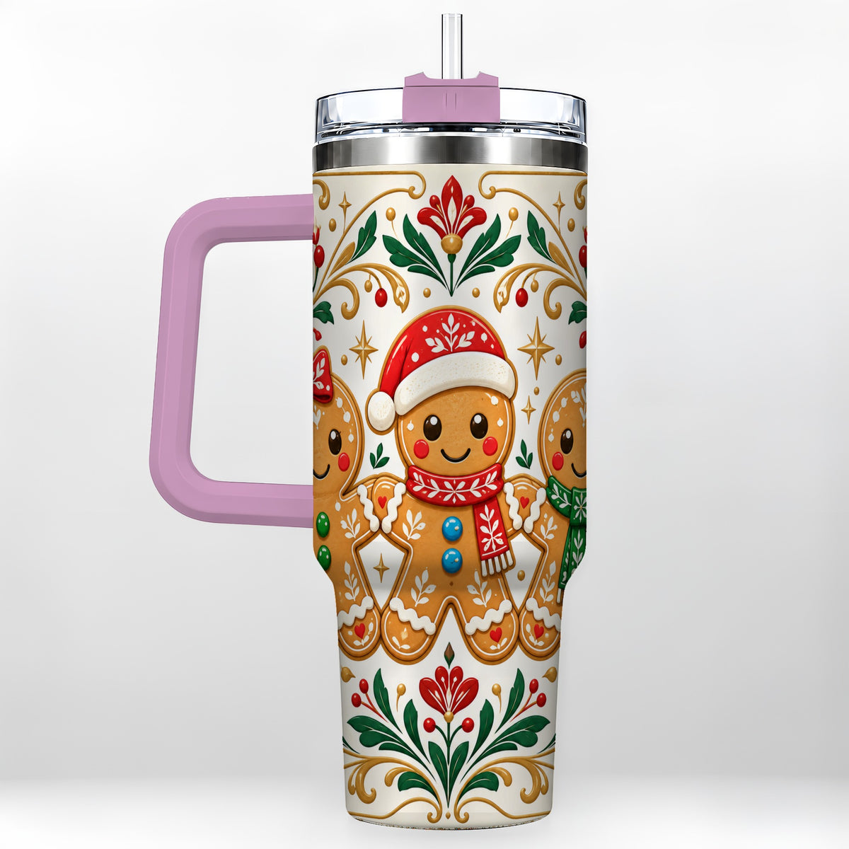 #pl[40oz|Pink] Folk Gingerbread 40oz Tumbler, Holiday Tumbler, Stainless Steel Travel Cup