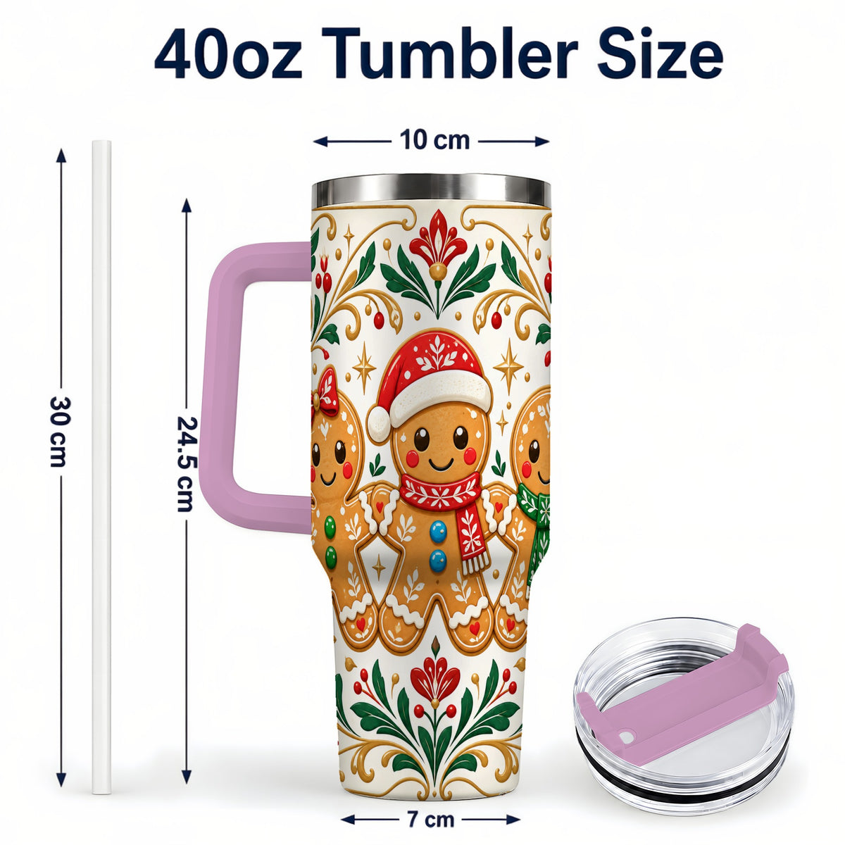 #pl[40oz|Pink] Folk Gingerbread 40oz Tumbler, Holiday Tumbler, Stainless Steel Travel Cup
