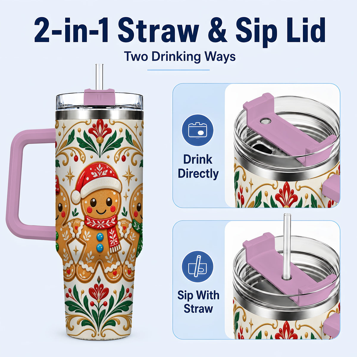 #pl[40oz|Pink] Folk Gingerbread 40oz Tumbler, Holiday Tumbler, Stainless Steel Travel Cup