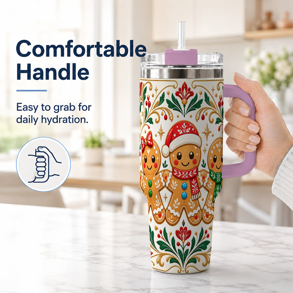 #pl[40oz|Pink] Folk Gingerbread 40oz Tumbler, Holiday Tumbler, Stainless Steel Travel Cup