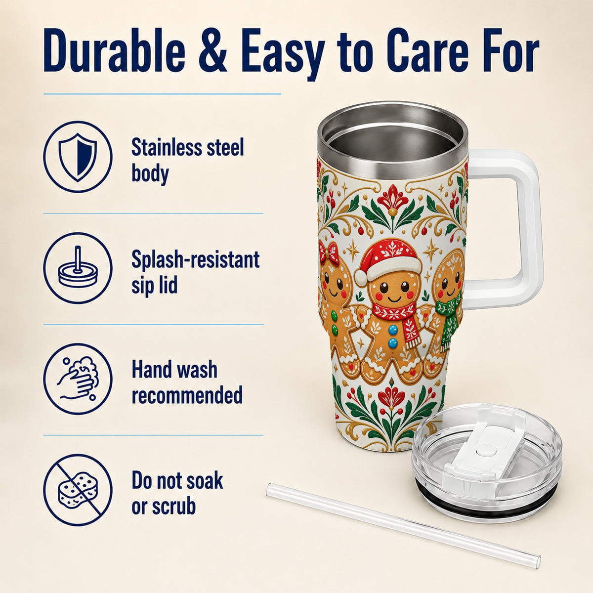 Folk Gingerbread 40oz Tumbler, Holiday Tumbler, Stainless Steel Travel Cup